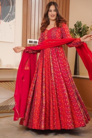 Red Beautiful Rayon Gown With Dupatta For Girl